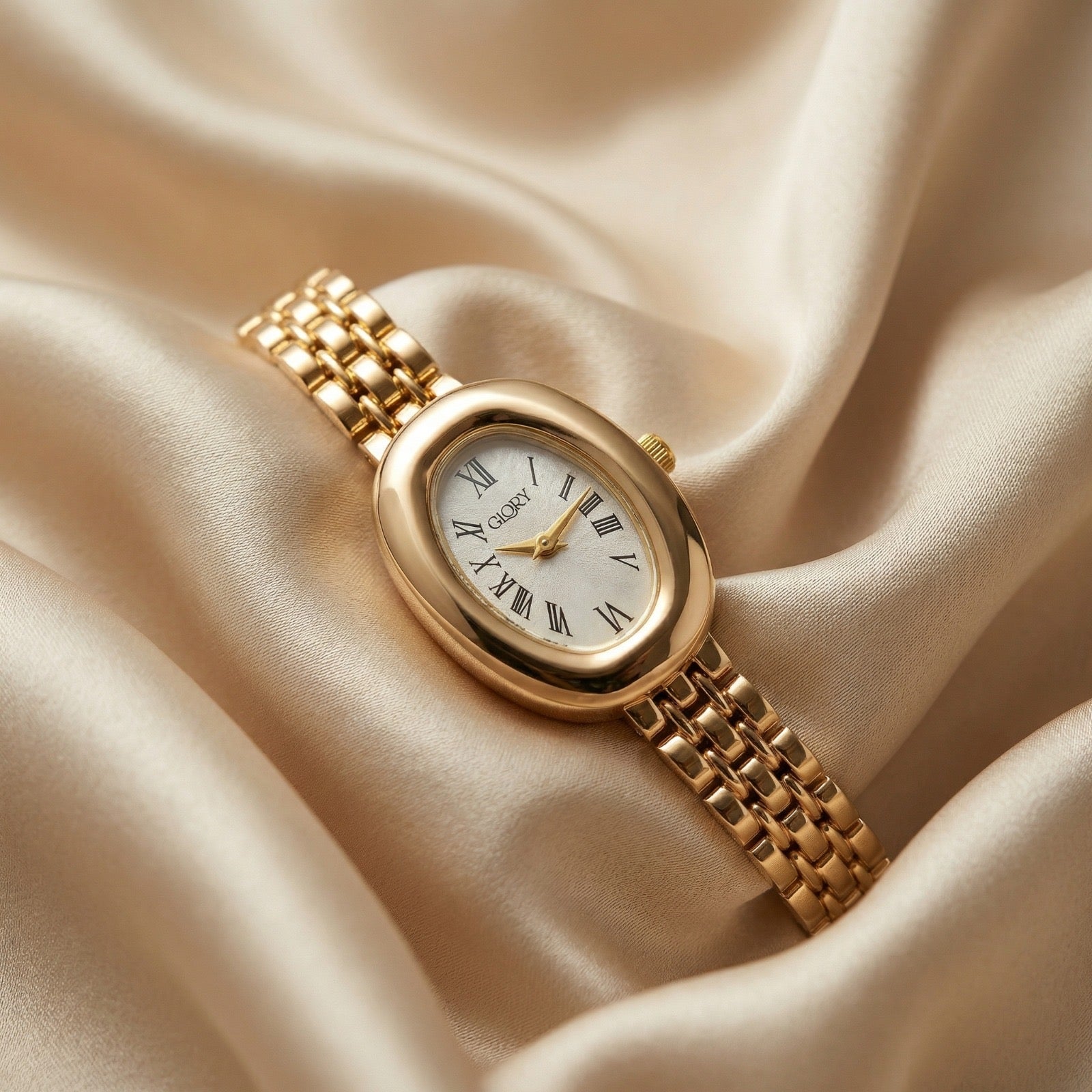 Glory Oval Elegance Golden Women Watch - White Dial