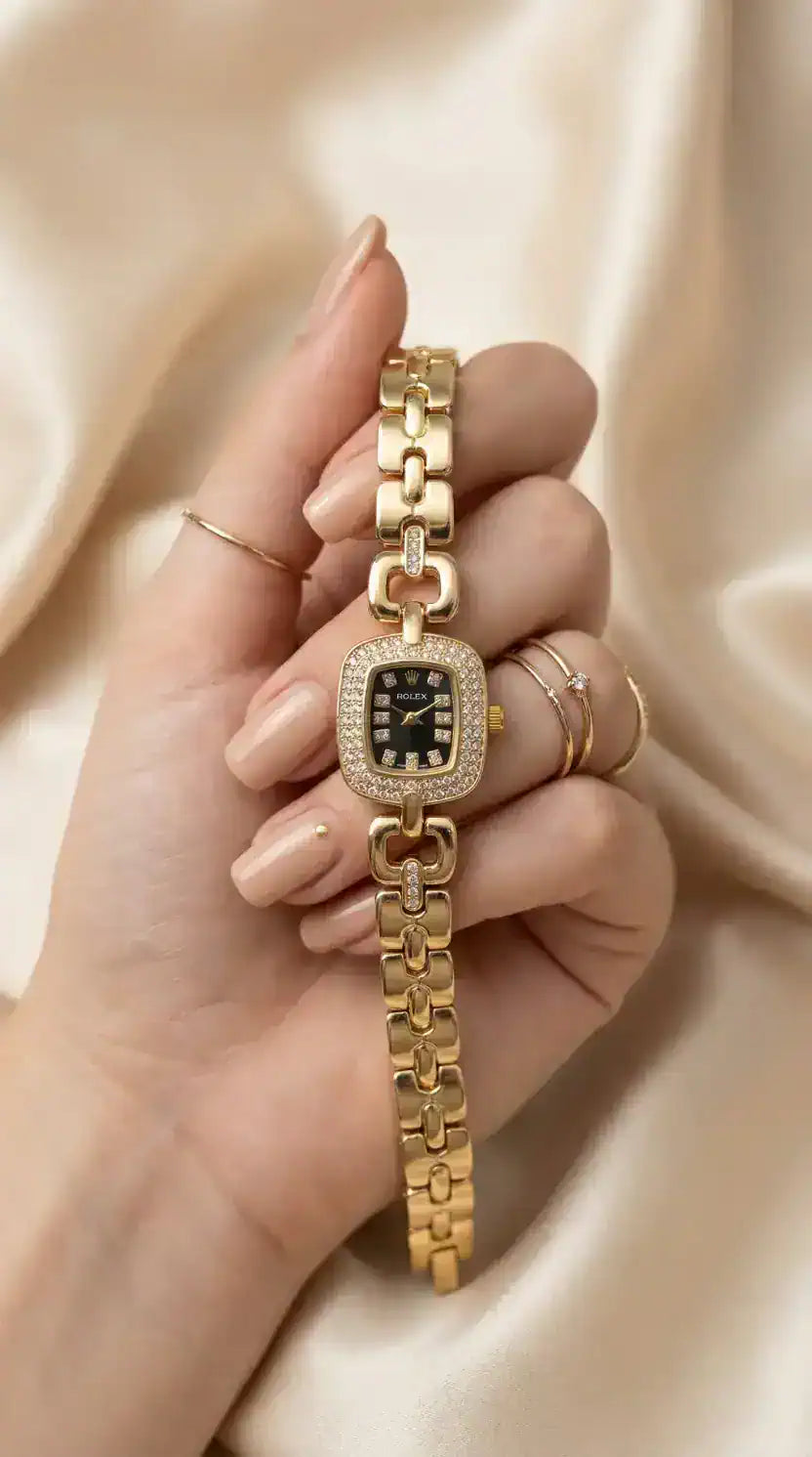 Rol-ex Opulence Golden Women Watch - Black Dial