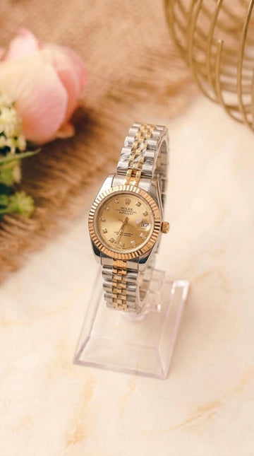 Rolex Date Oyster Golden Dial Women Watch - Two Tone