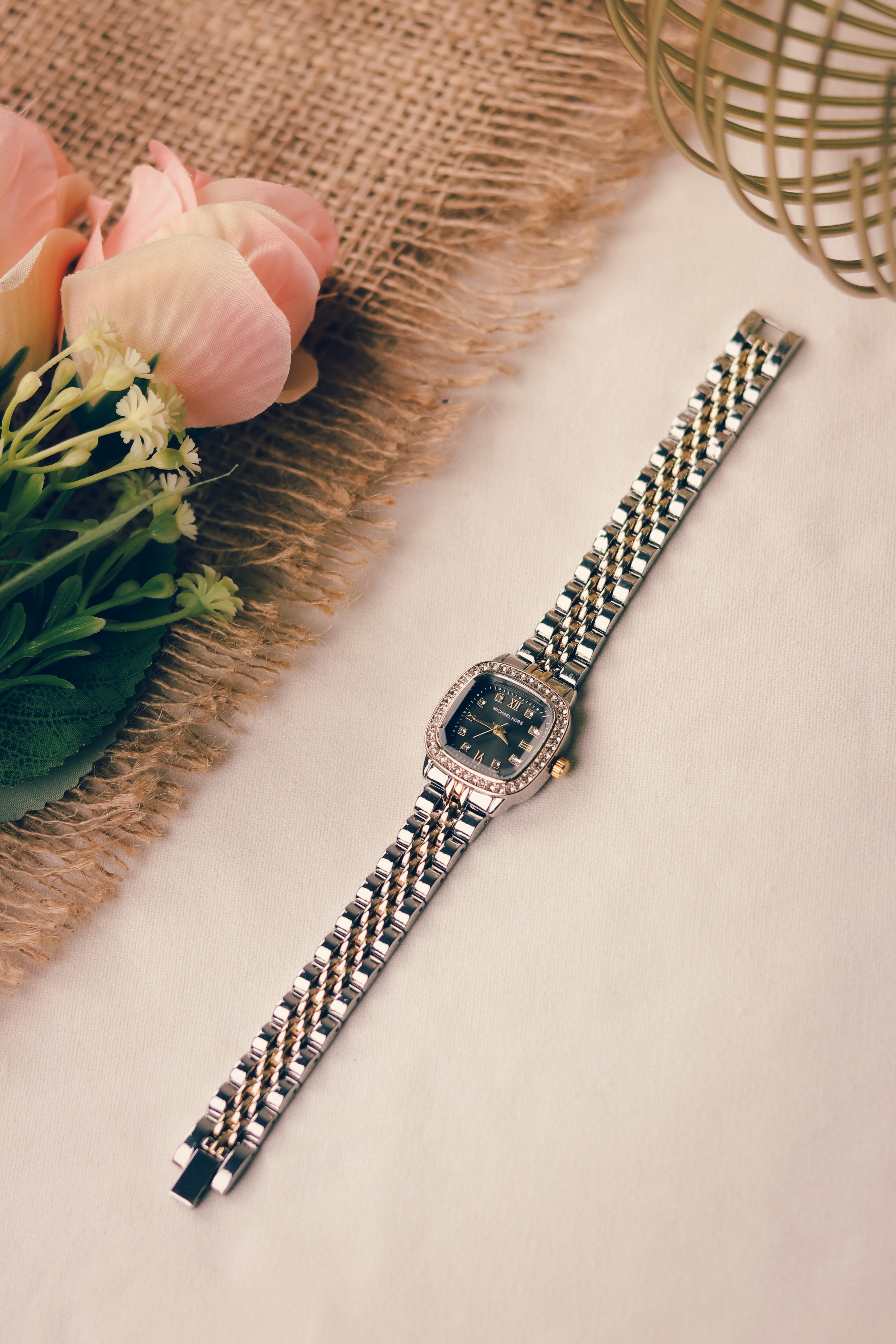 MK Square Golden Two Tone Black Dial Women Watch