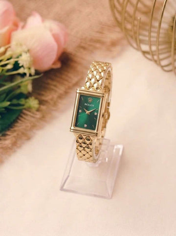 Rolex Vintage Rectangular Women Watch - Golden Green