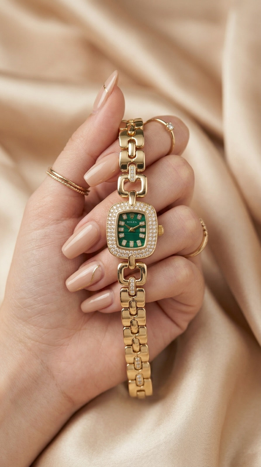 Rol-ex Opulence Golden Women Watch - Green Dial