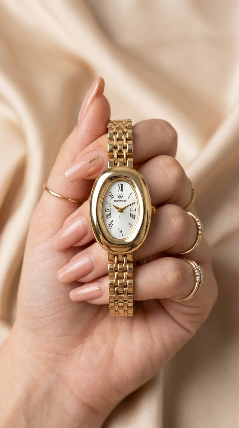 MW Oval Elegance Golden Women Watch - White Dial