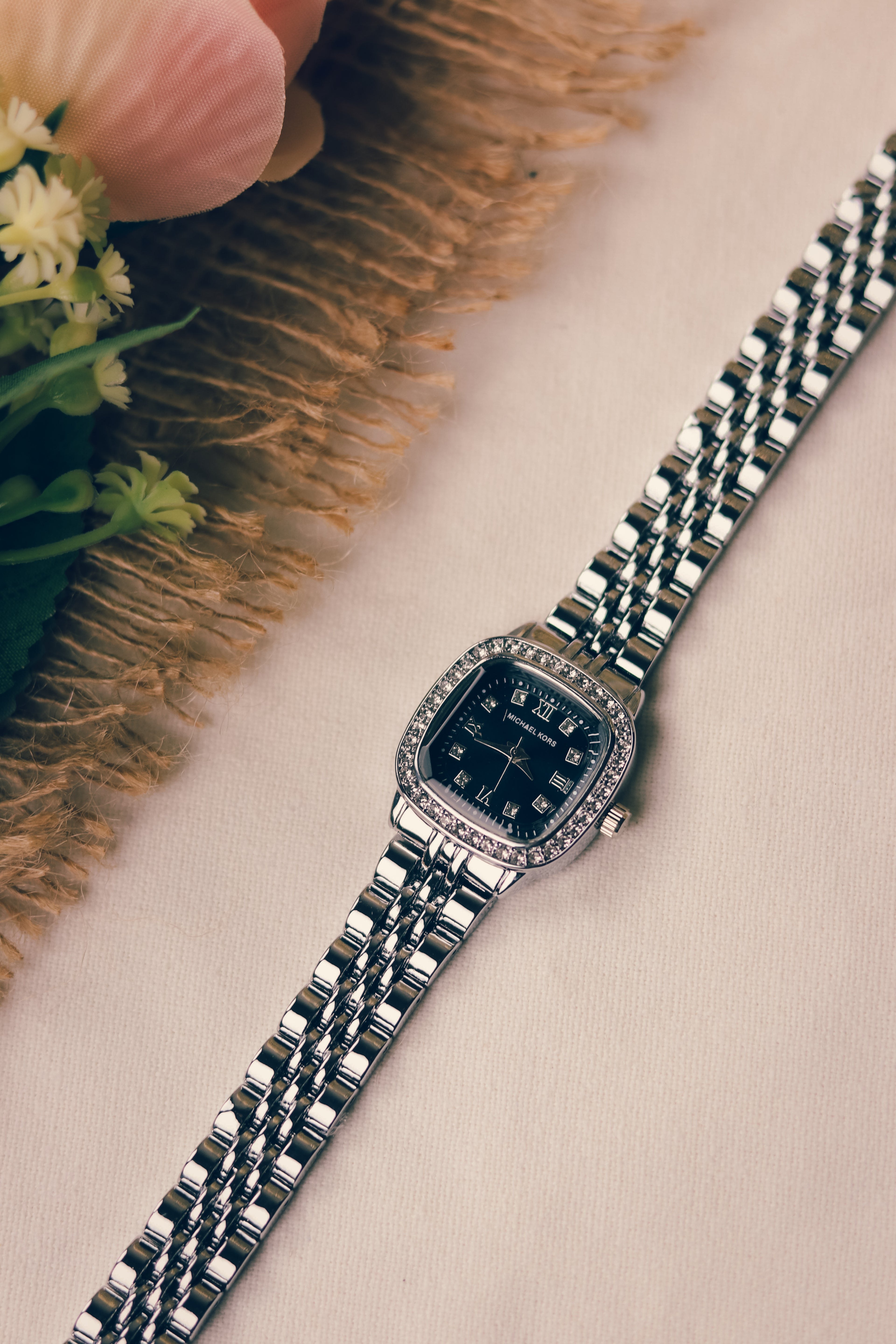 MK Square Silver Black Dial Women Watch