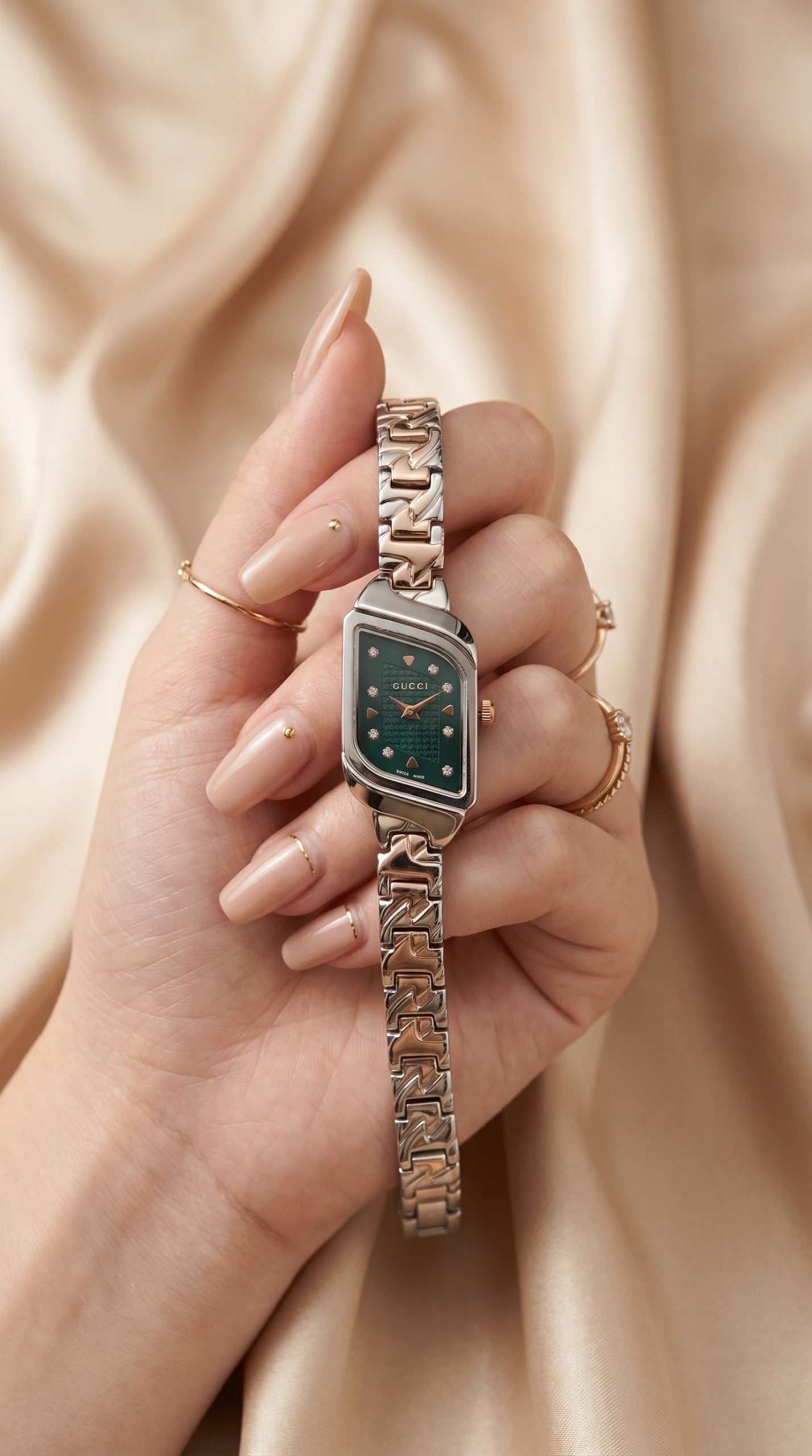 Gucci Whispering Rose Gold Two Tone Green Dial Women Watch