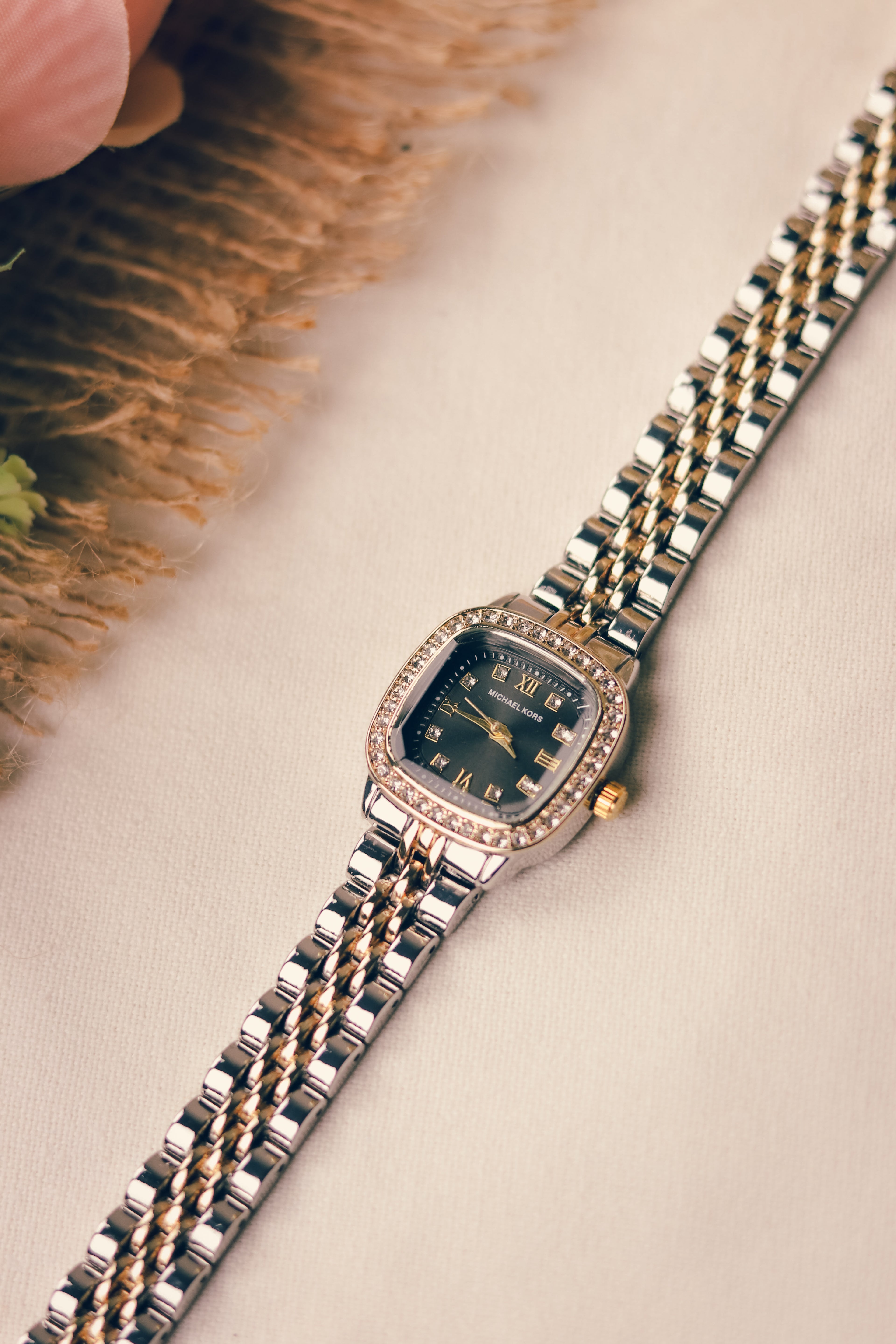 MK Square Golden Two Tone Black Dial Women Watch