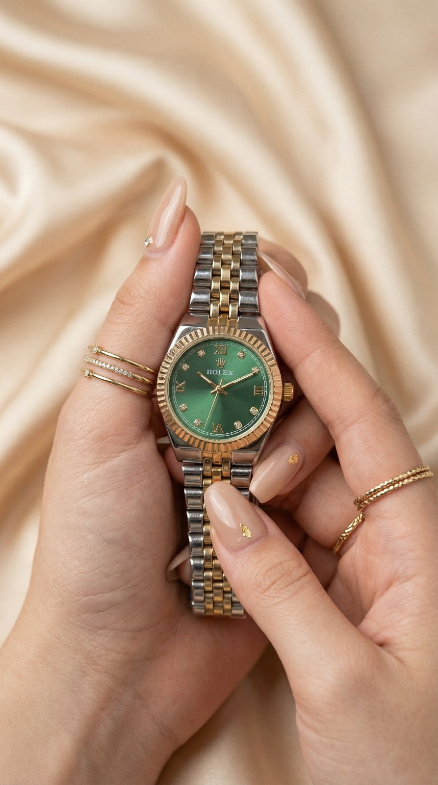 Rol-ex Jubilee Two Tone Women Watch - Green Dial