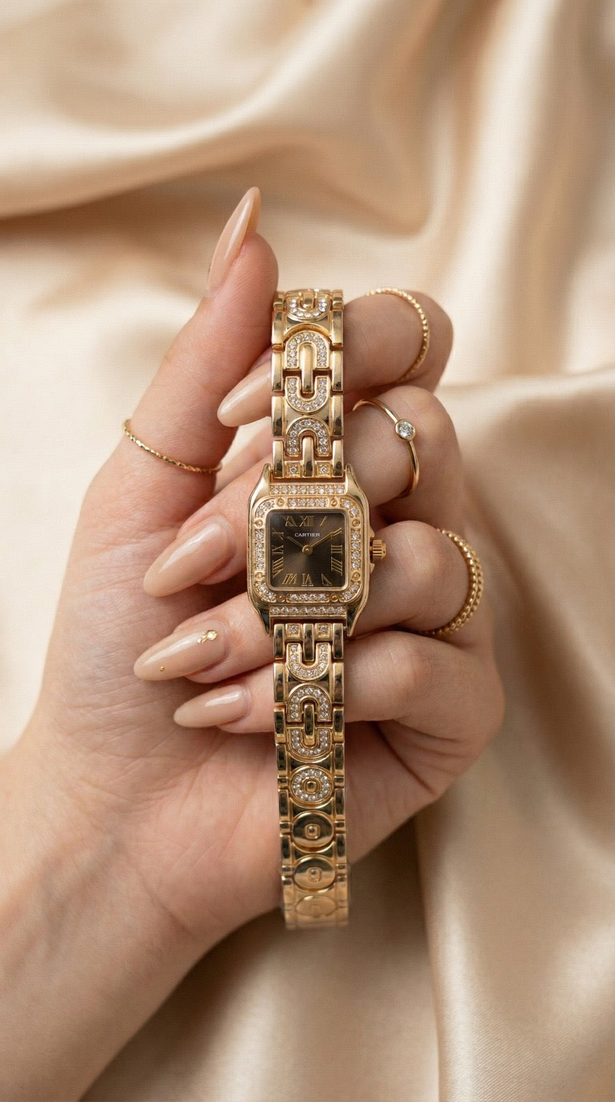 Cartier Sparkle Golden Black Dial Women Watch