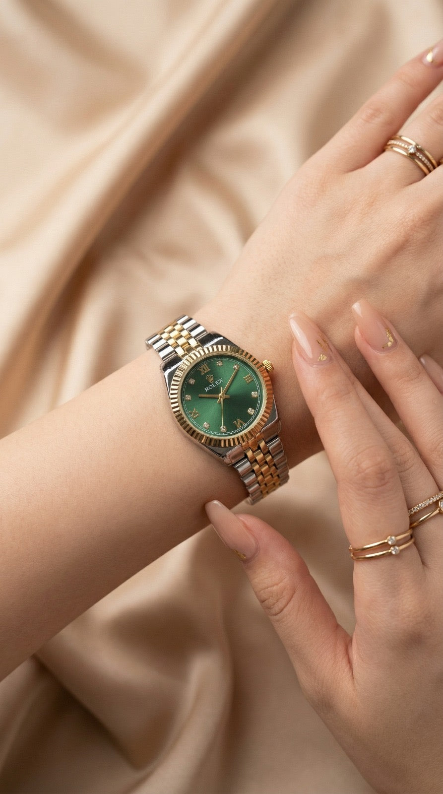 Rol-ex Jubilee Two Tone Women Watch - Green Dial