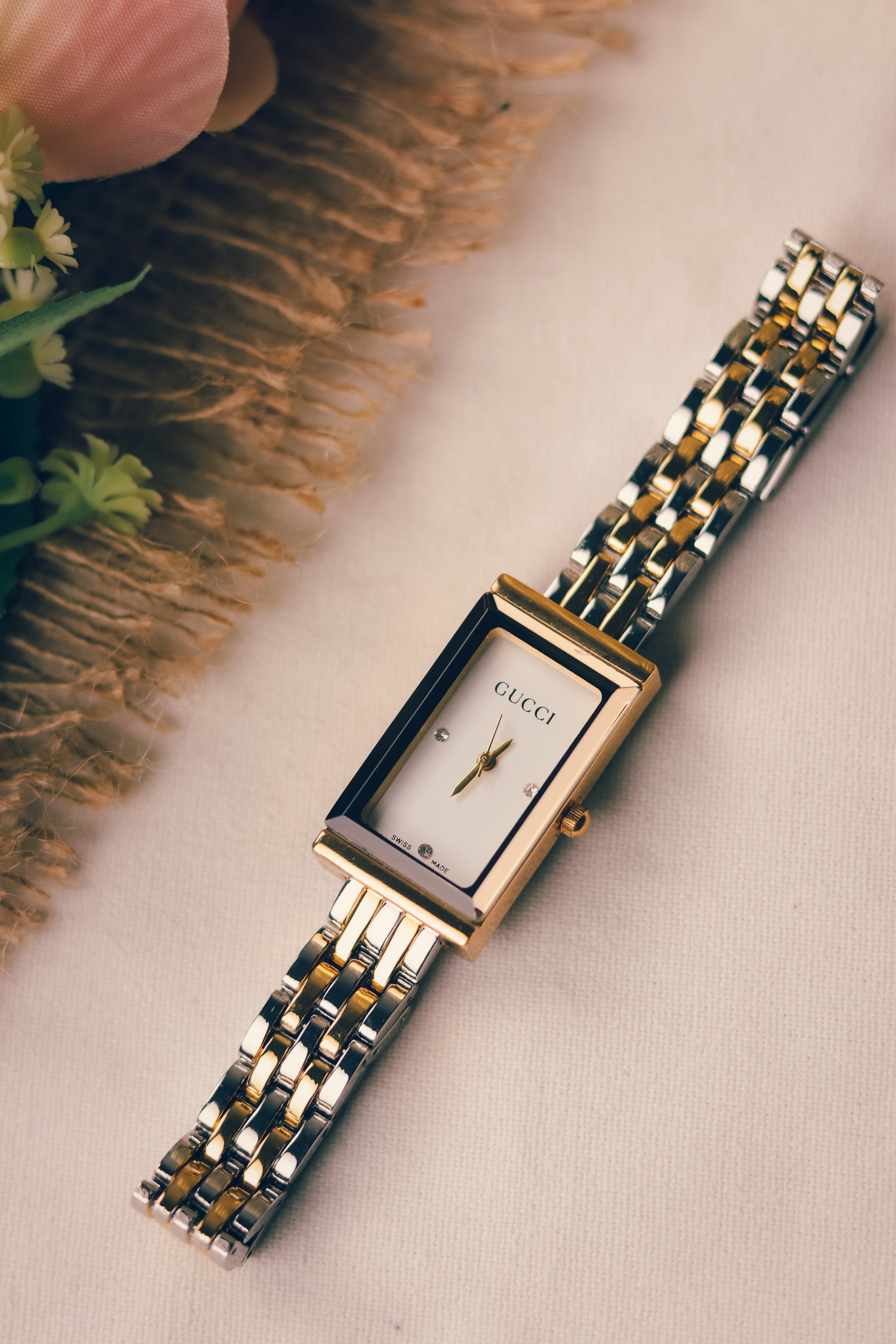 Gucci Rectangular Two Tone White Dial Women Watch