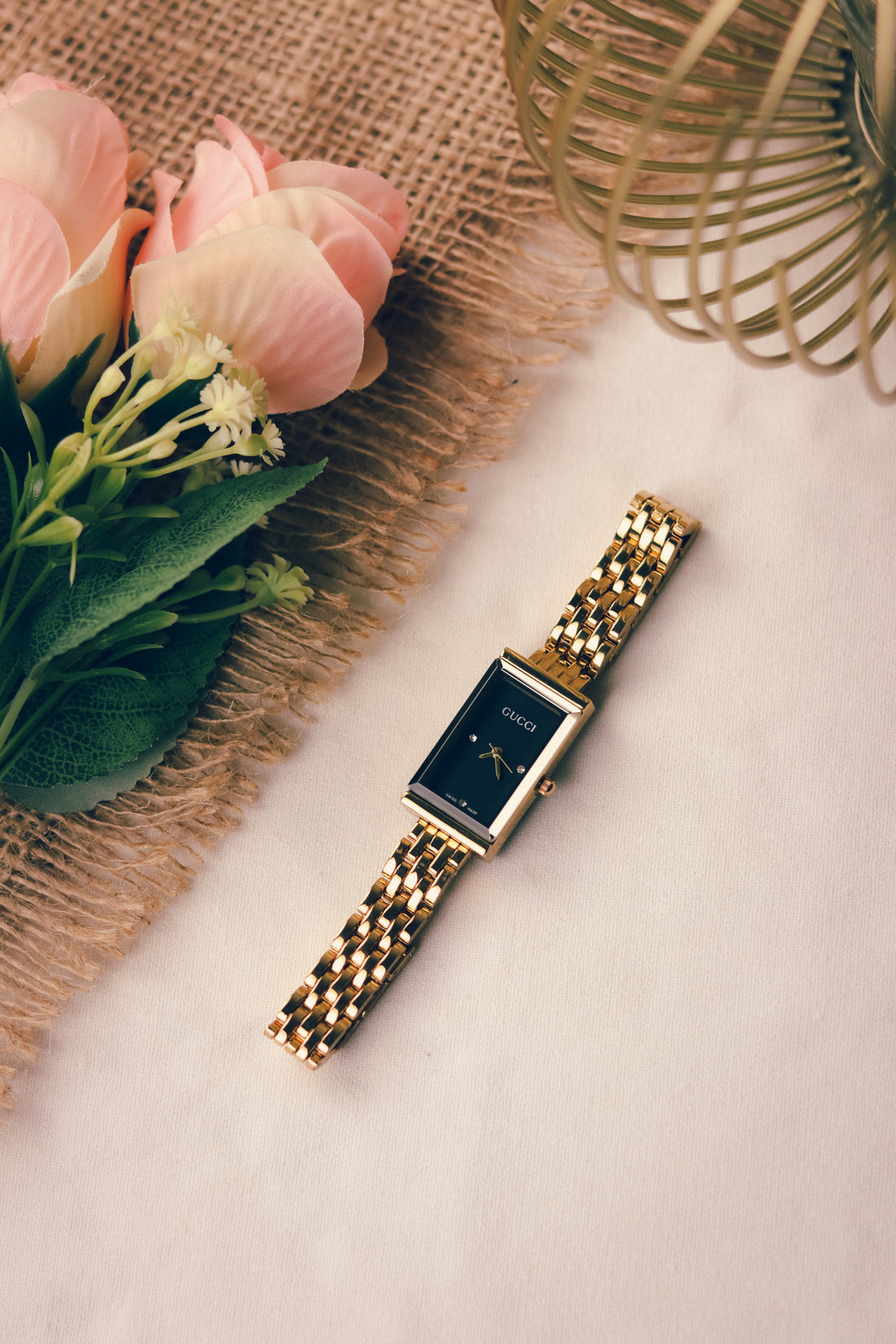 Gucci Rectangular Golden Black Dial Women Watch