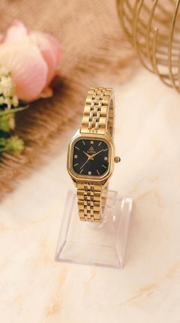 The Alysya Cube Golden Women Watch - Black Dial