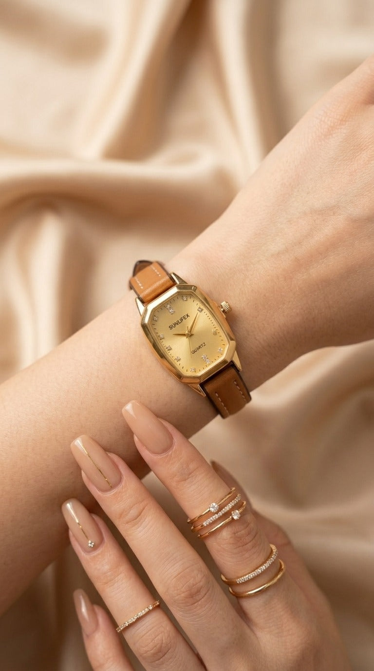 Sunlifex Rectangular Gold Women Strap Watch