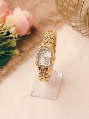 Rolex Square Silhouetted Women Watch - Golden White