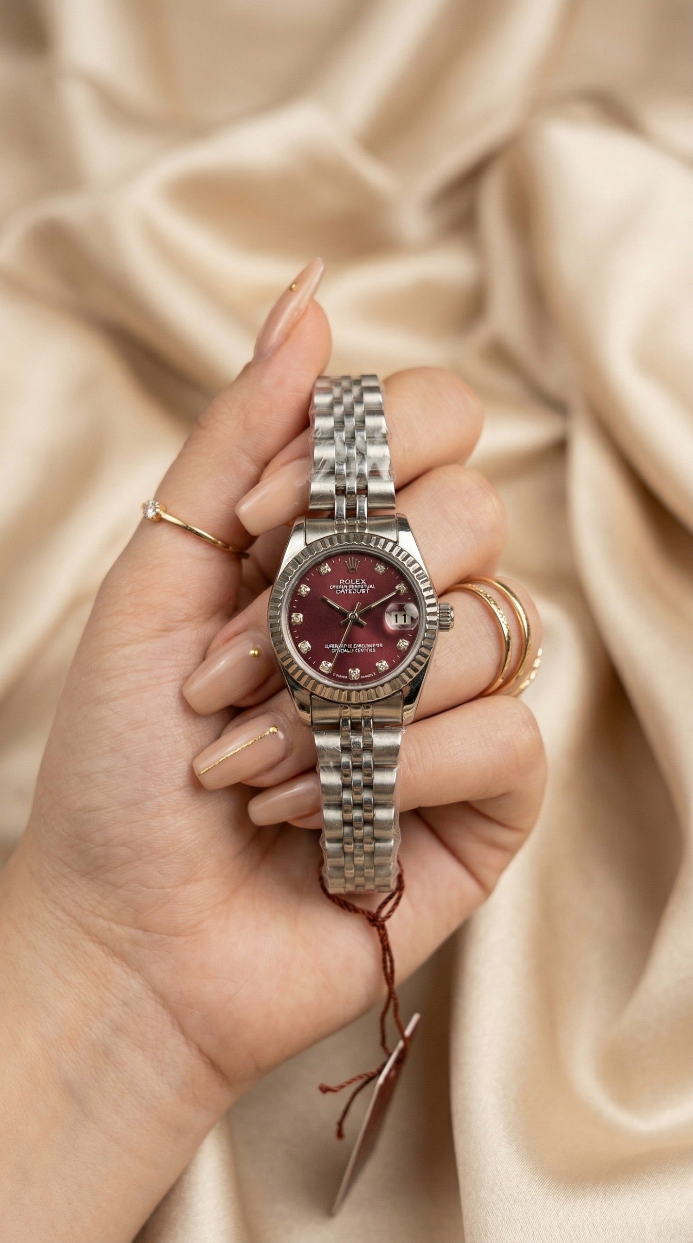 Rolex Date Oyster Silver Women Watch - Red