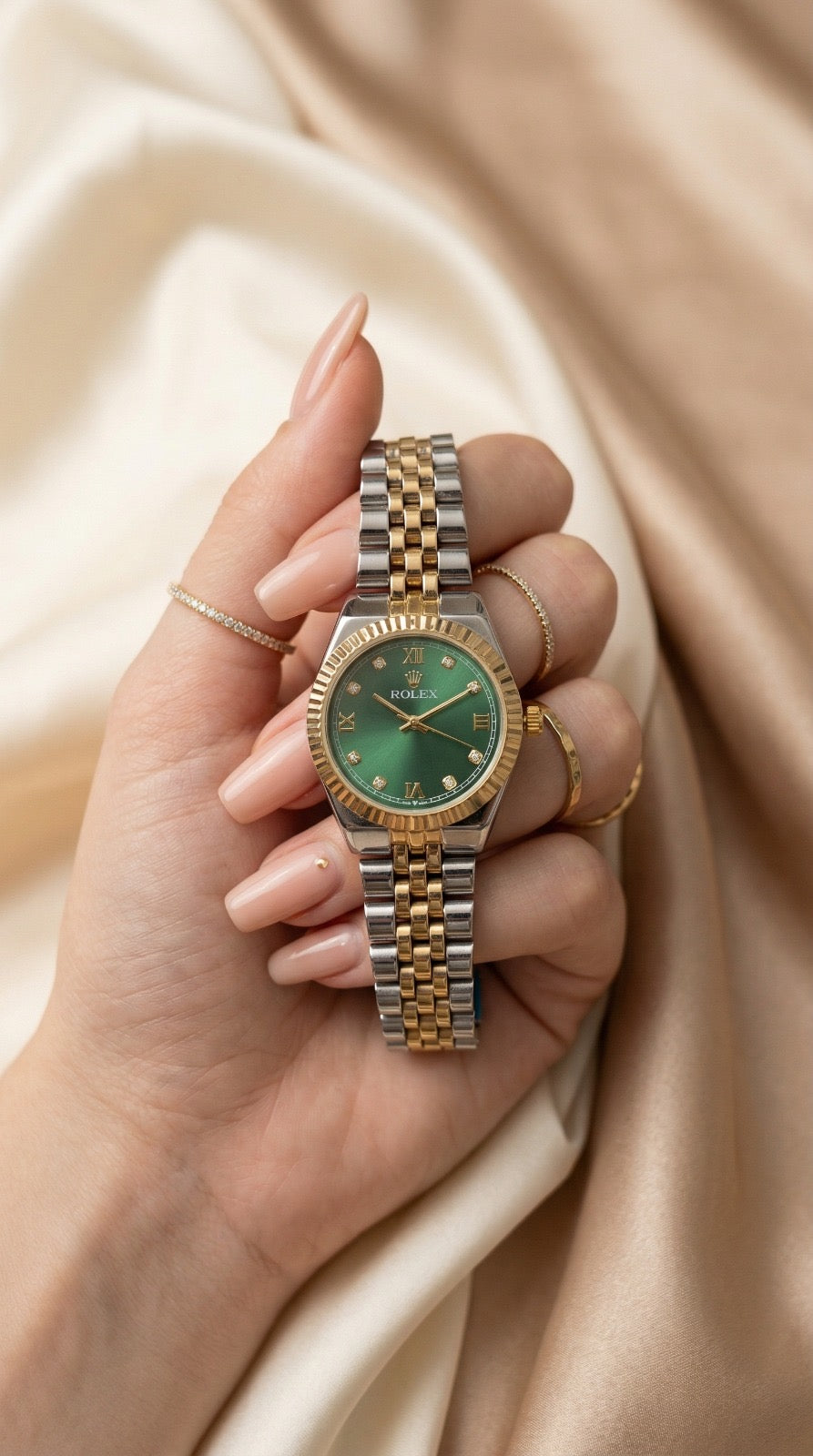 Rol-ex Jubilee Two Tone Women Watch - Green Dial