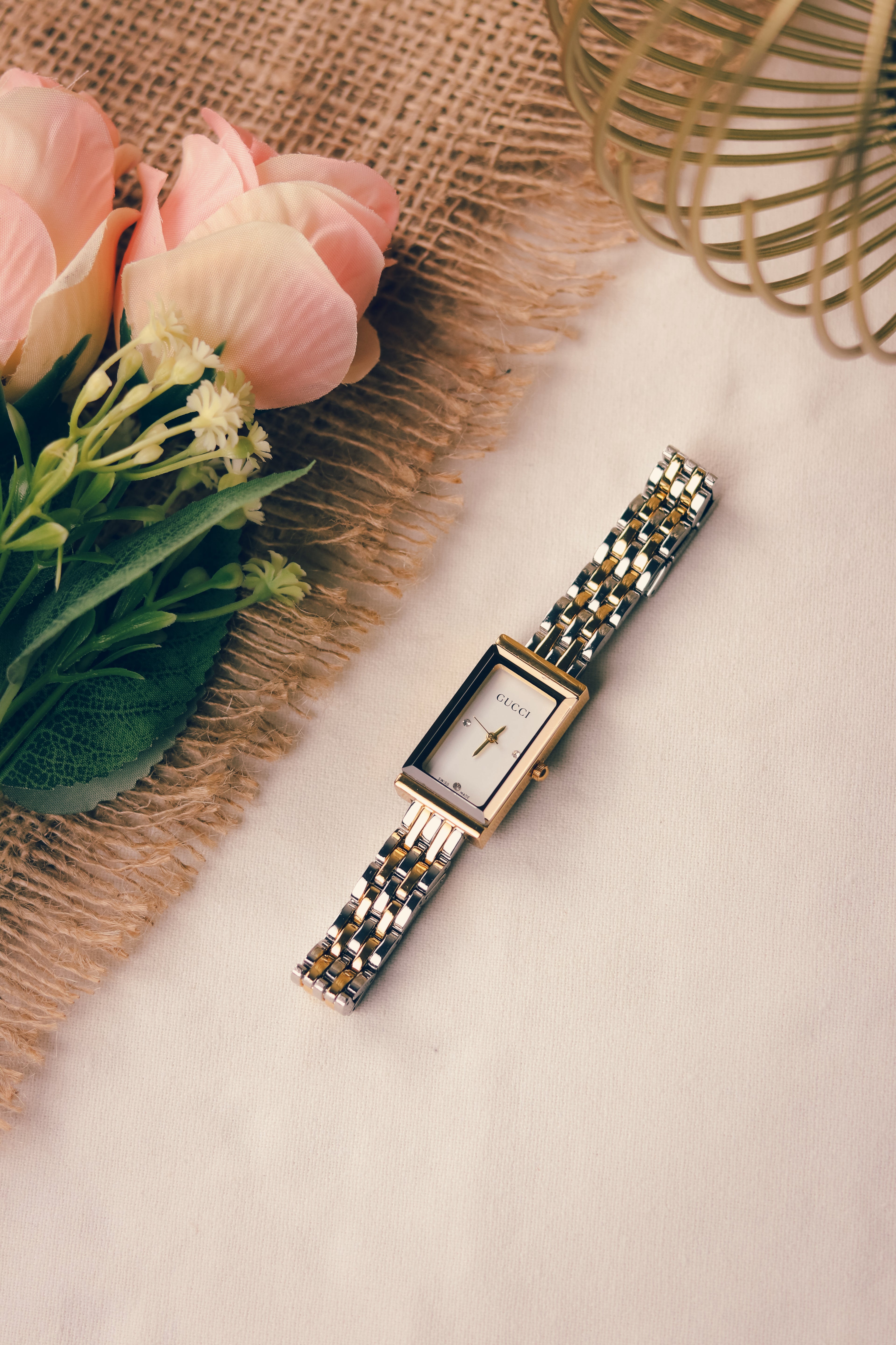 Gucci Rectangular Two Tone White Dial Women Watch