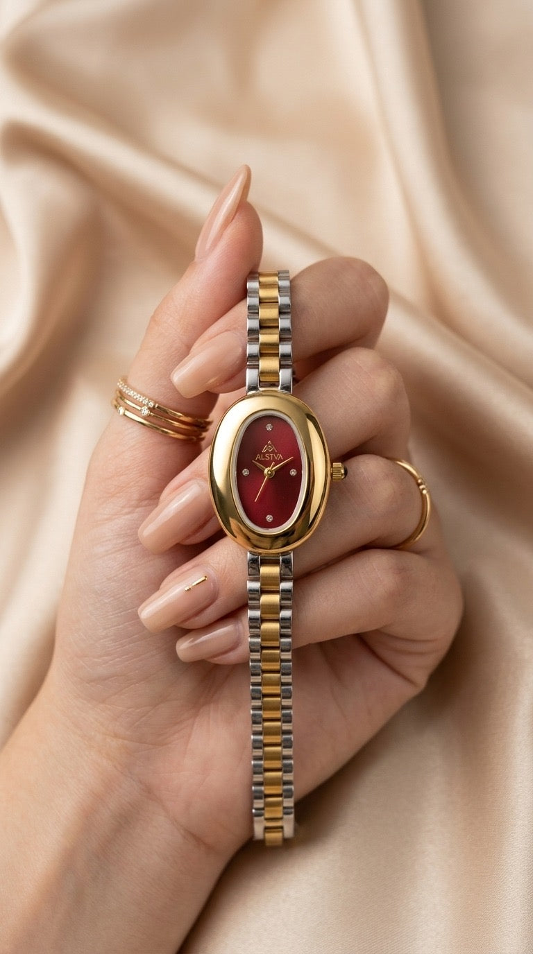 The Alysya Oval Two Tone Women Watch - Red Dial