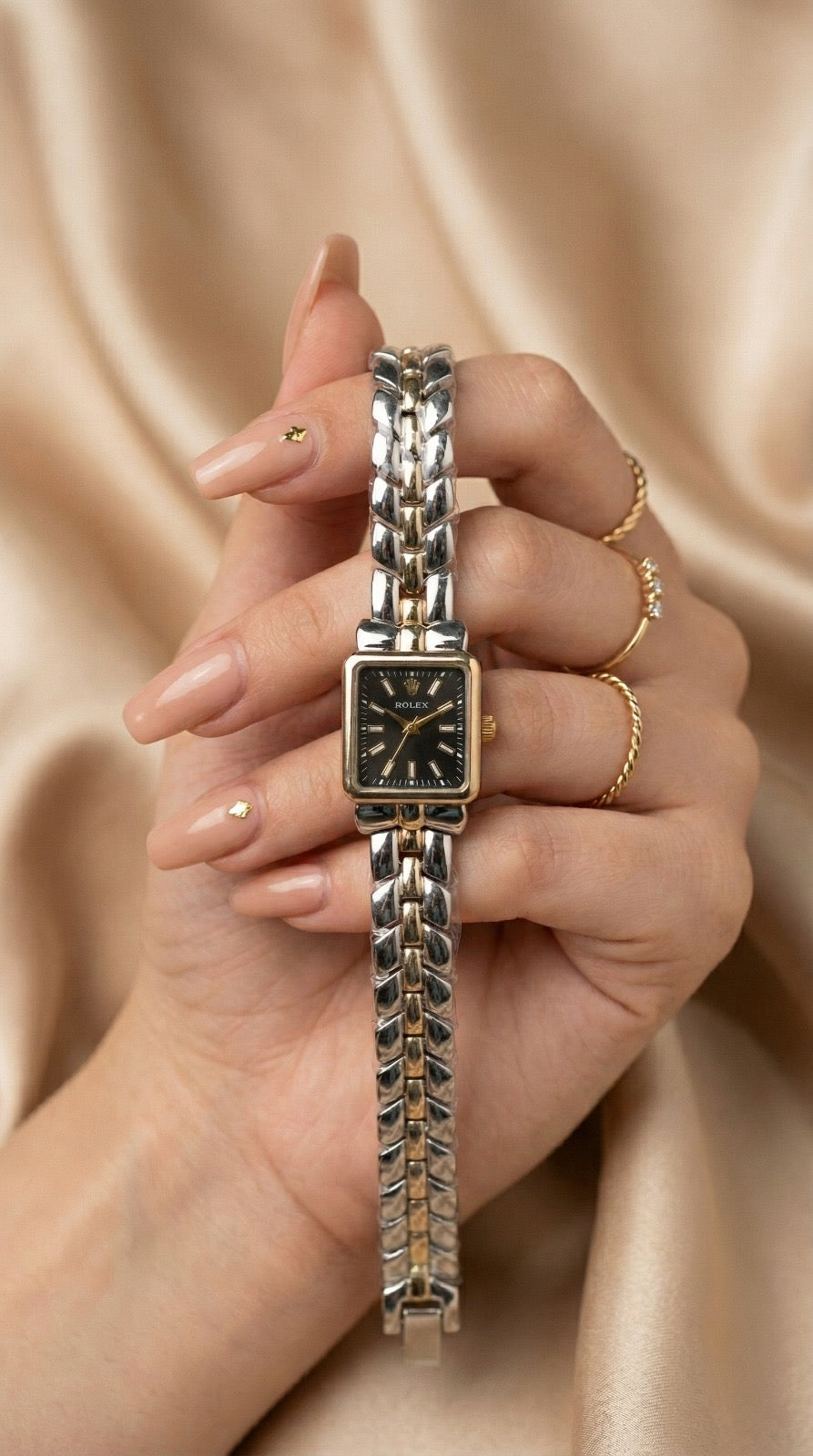 Rol-ex Gilded Square Two Tone Women Watch - Black Dial