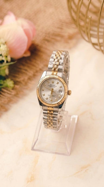 Rolex Date Oyster Silver Dial Women Watch - Two Tone