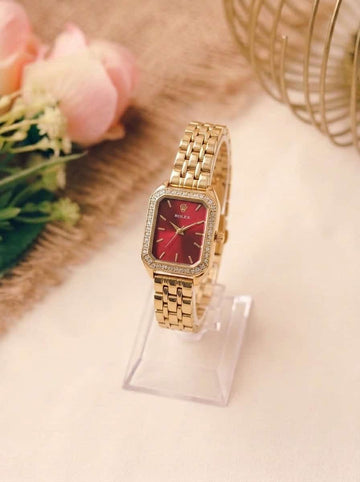 Rolex Square Silhouetted Women Watch - Golden Red