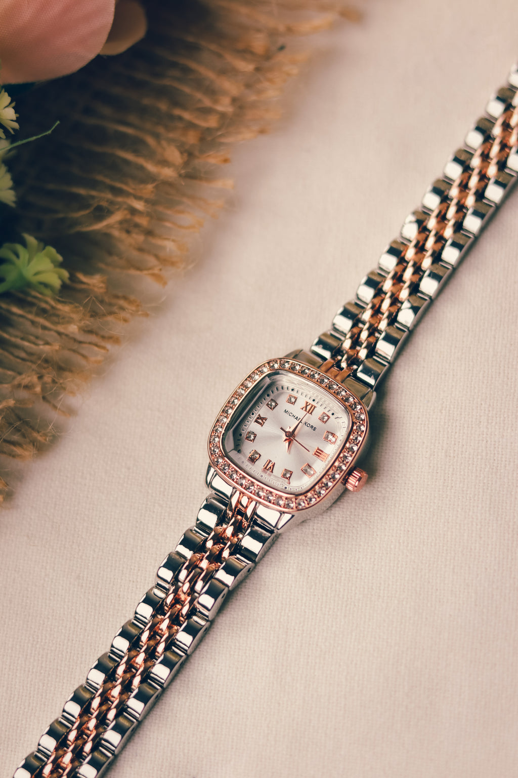 MK Square Rose Gold White Dial Women Watch