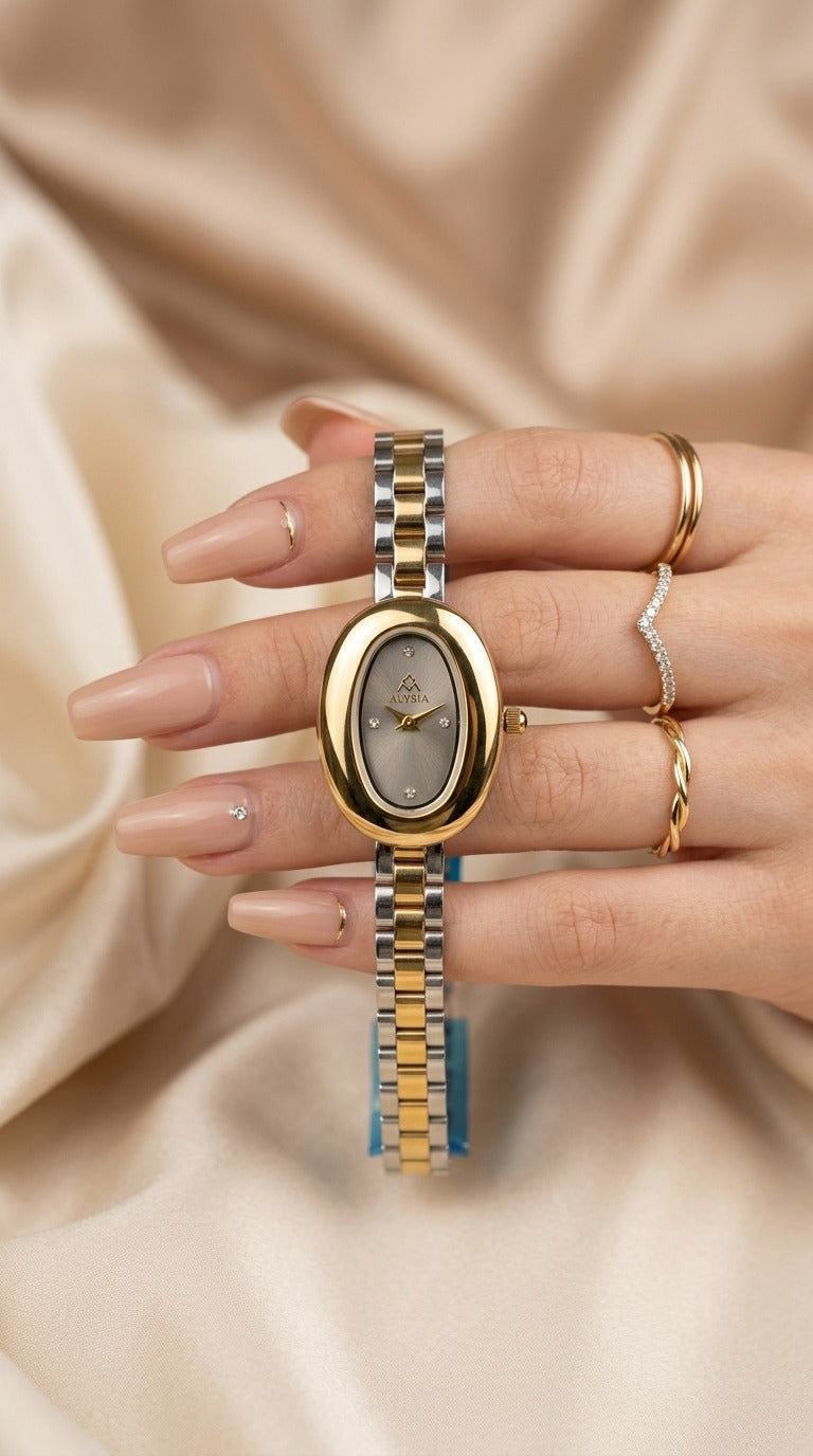 The Alysya Oval Two Tone Women Watch - Grey Dial