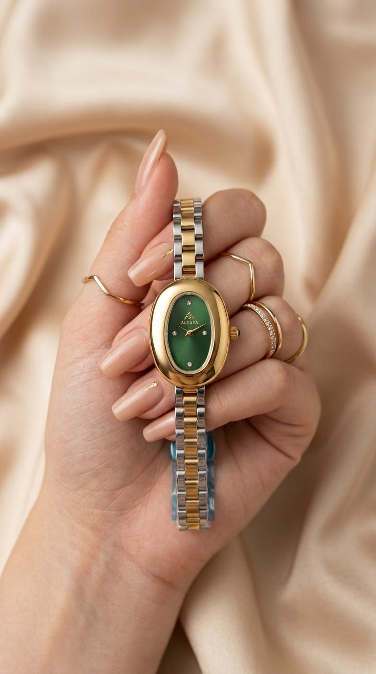 The Alysya Oval Two Tone Women Watch - Green Dial