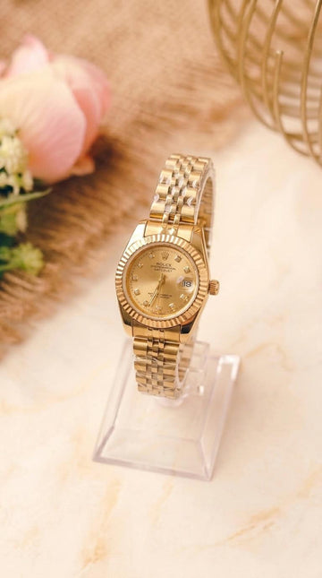 Rolex Date Oyster Golden Dial Women Watch