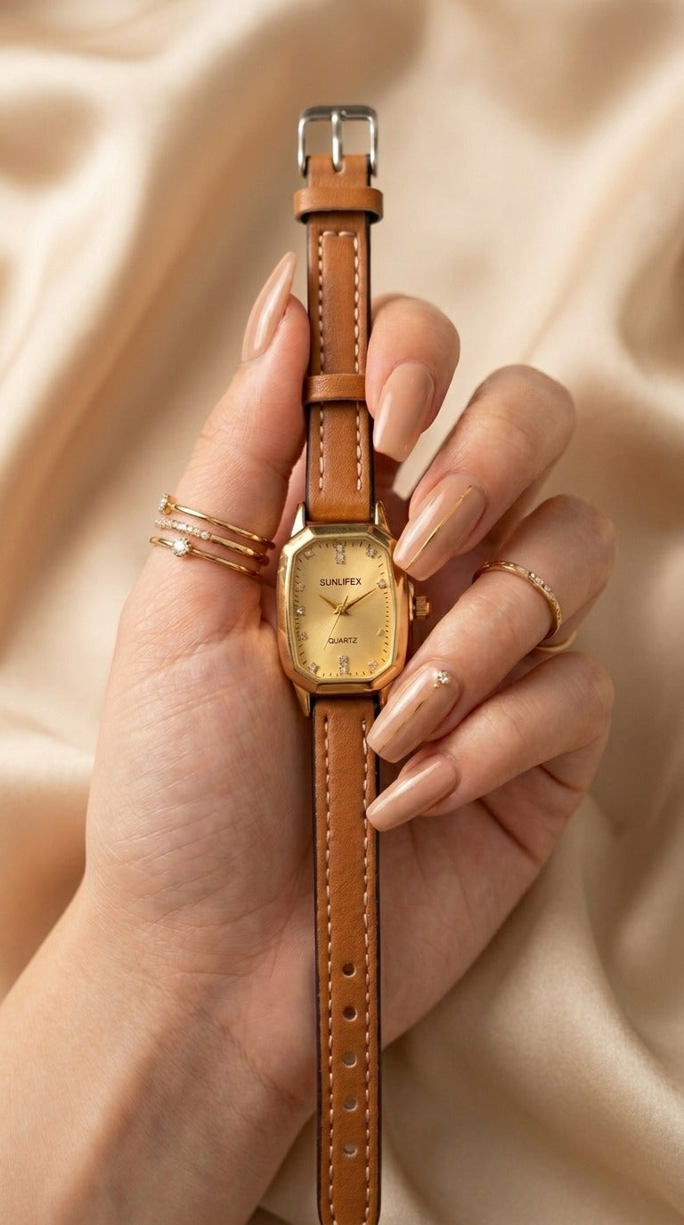 Sunlifex Rectangular Gold Women Strap Watch