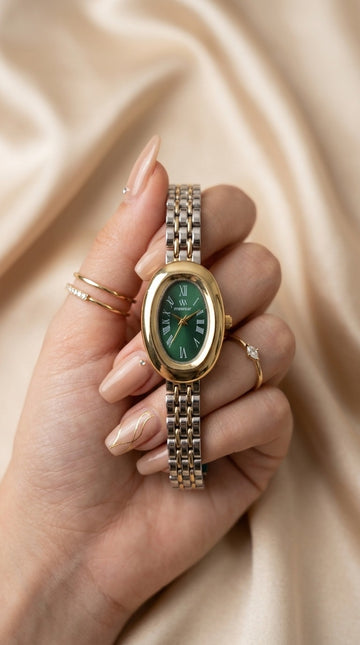 MW Oval Elegance Two Tone Women Watch - Green Dial