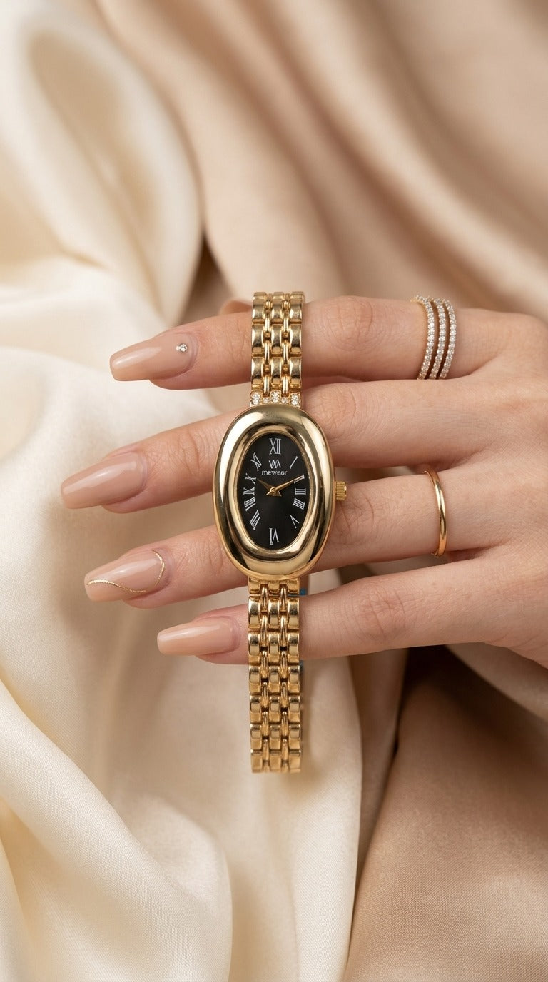 MW Oval Elegance Golden Women Watch - Black Dial