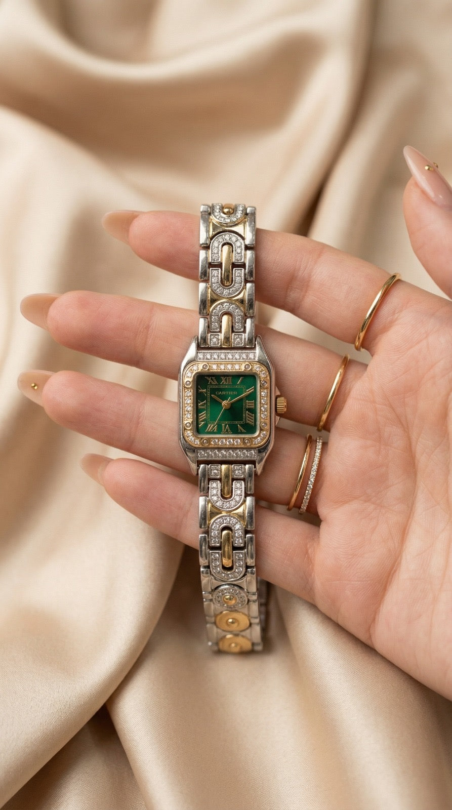 Cartier Sparkle Two Tone Green Dial Women Watch