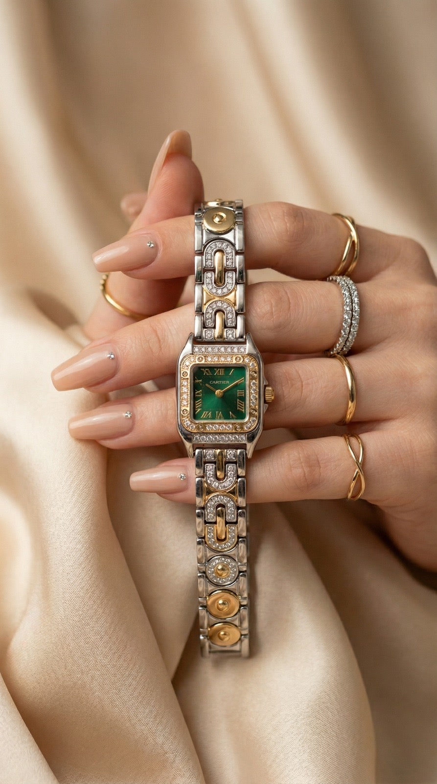 Cartier Sparkle Two Tone Green Dial Women Watch