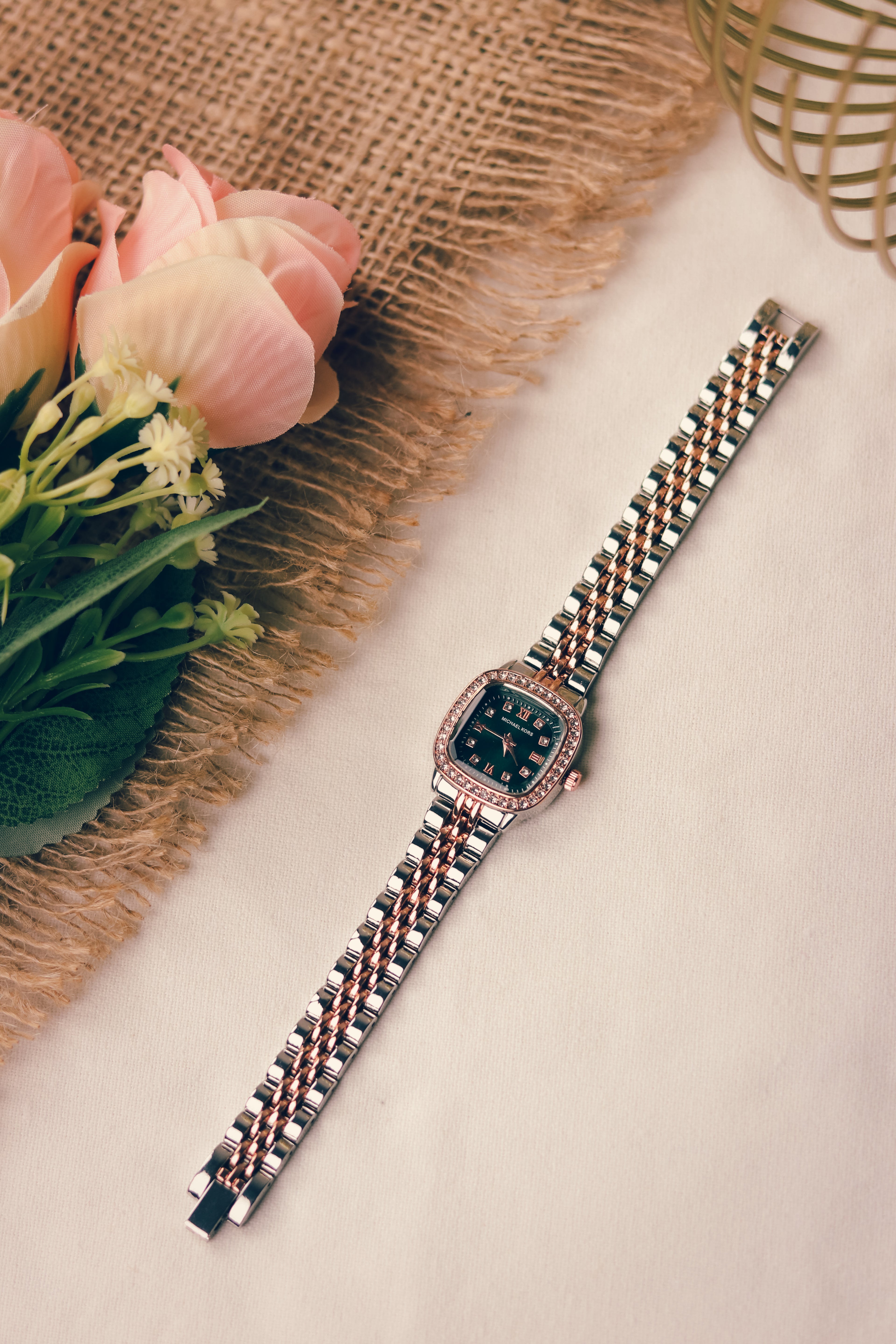 MK Square Rose Gold Green Dial Women Watch