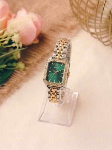 Rolex Square Silhouetted Women Watch - Two Tone Green