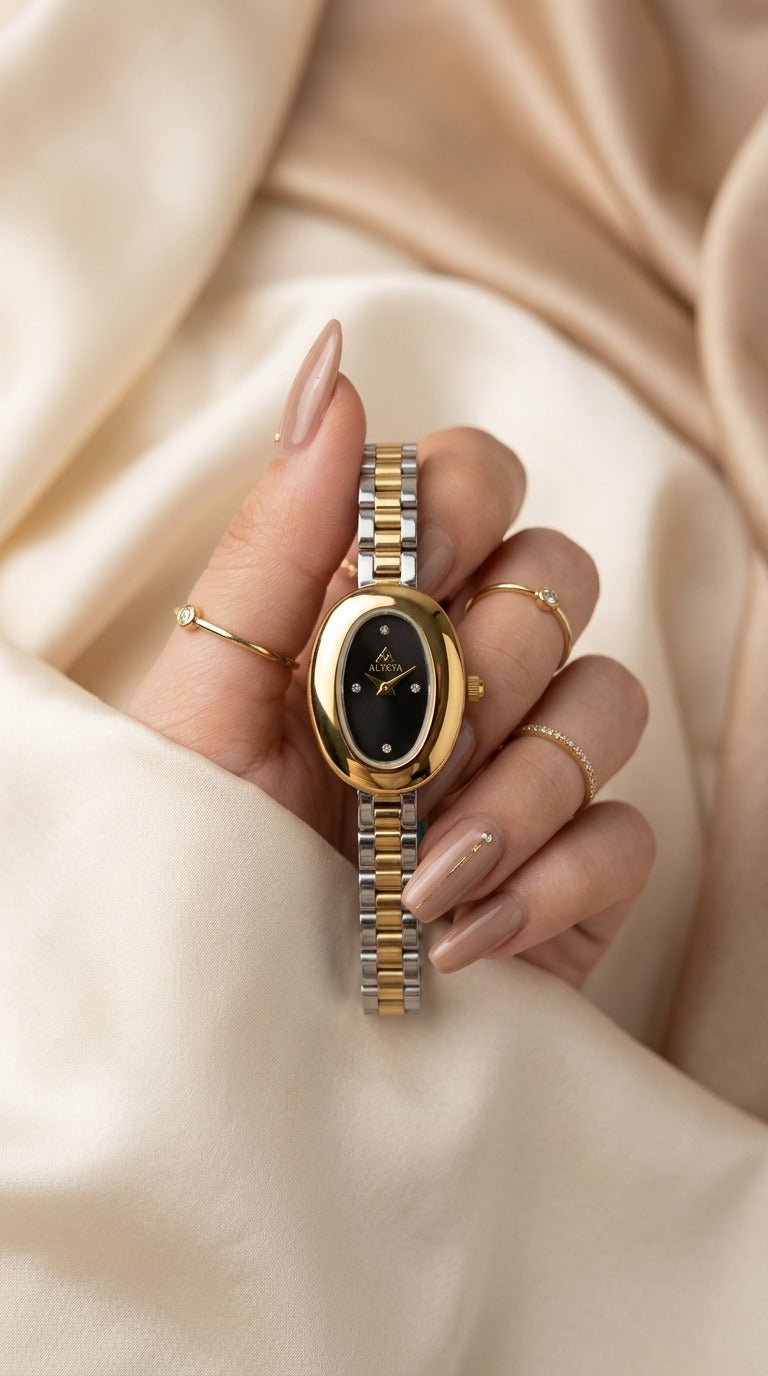 The Alysya Oval Two Tone Women Watch - Black Dial