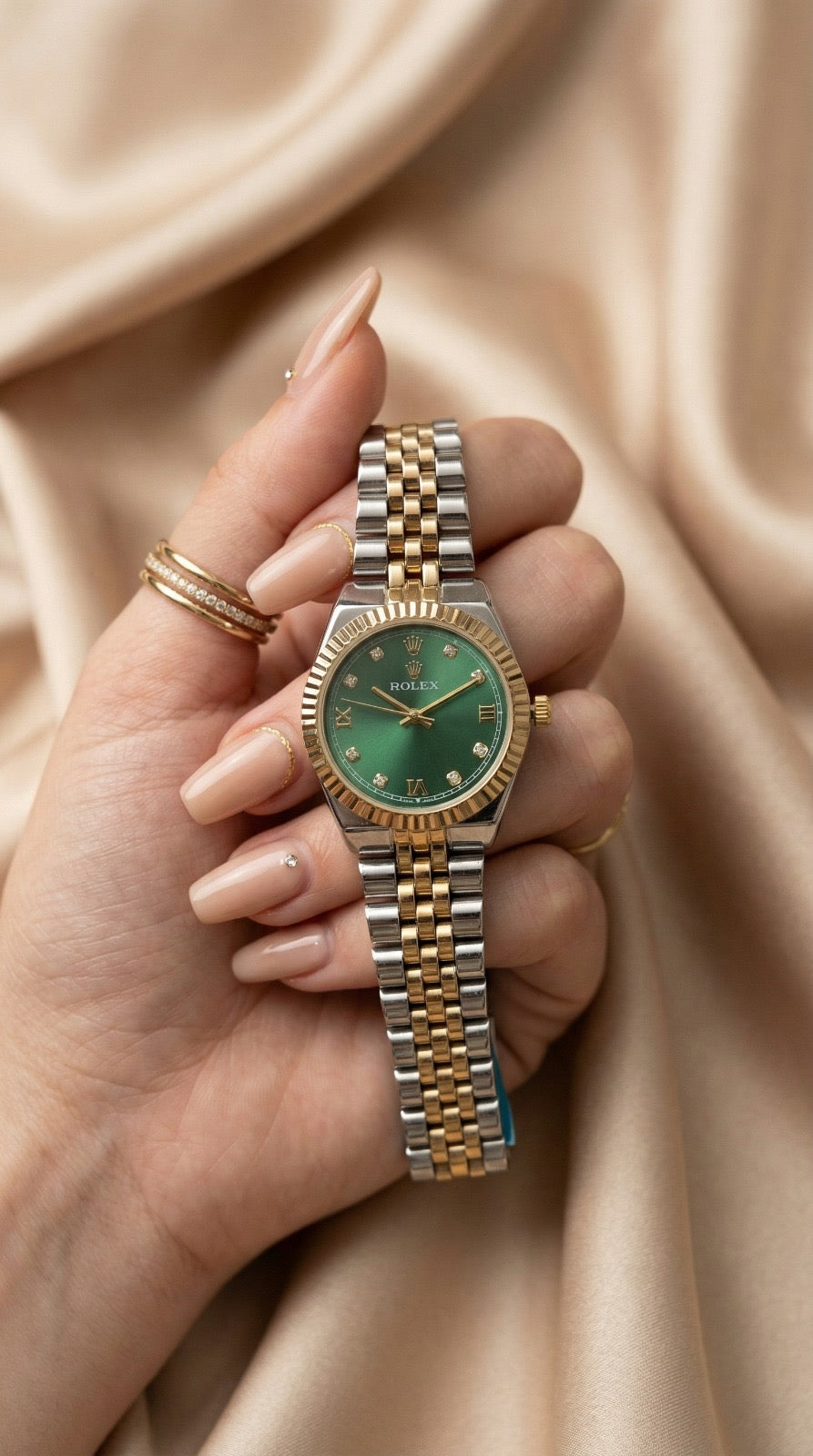 Rol-ex Jubilee Two Tone Women Watch - Green Dial