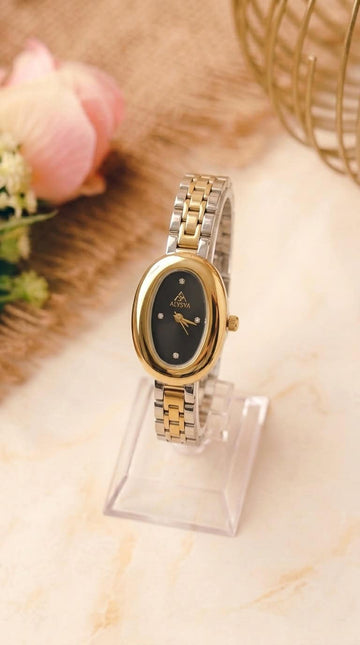 The Alysya Oval Two Tone Women Watch - Black Dial