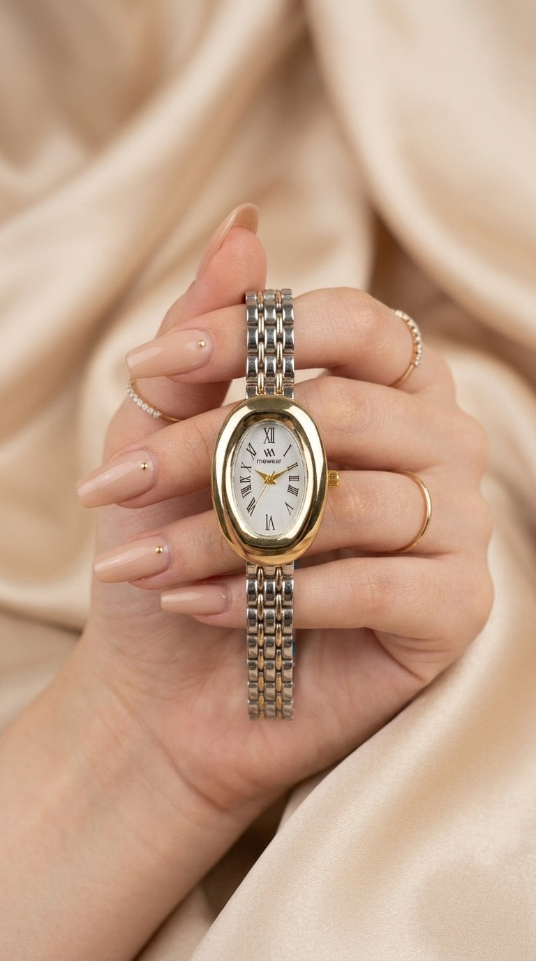 MW Oval Elegance Two Tone Women Watch - White Dial