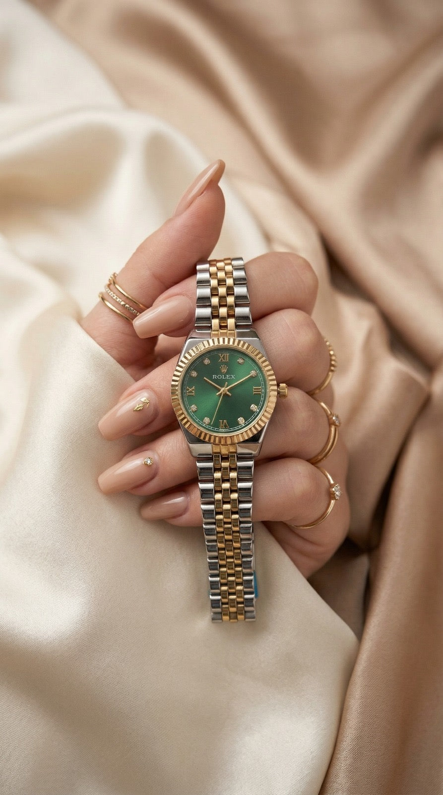 Rol-ex Jubilee Two Tone Women Watch - Green Dial