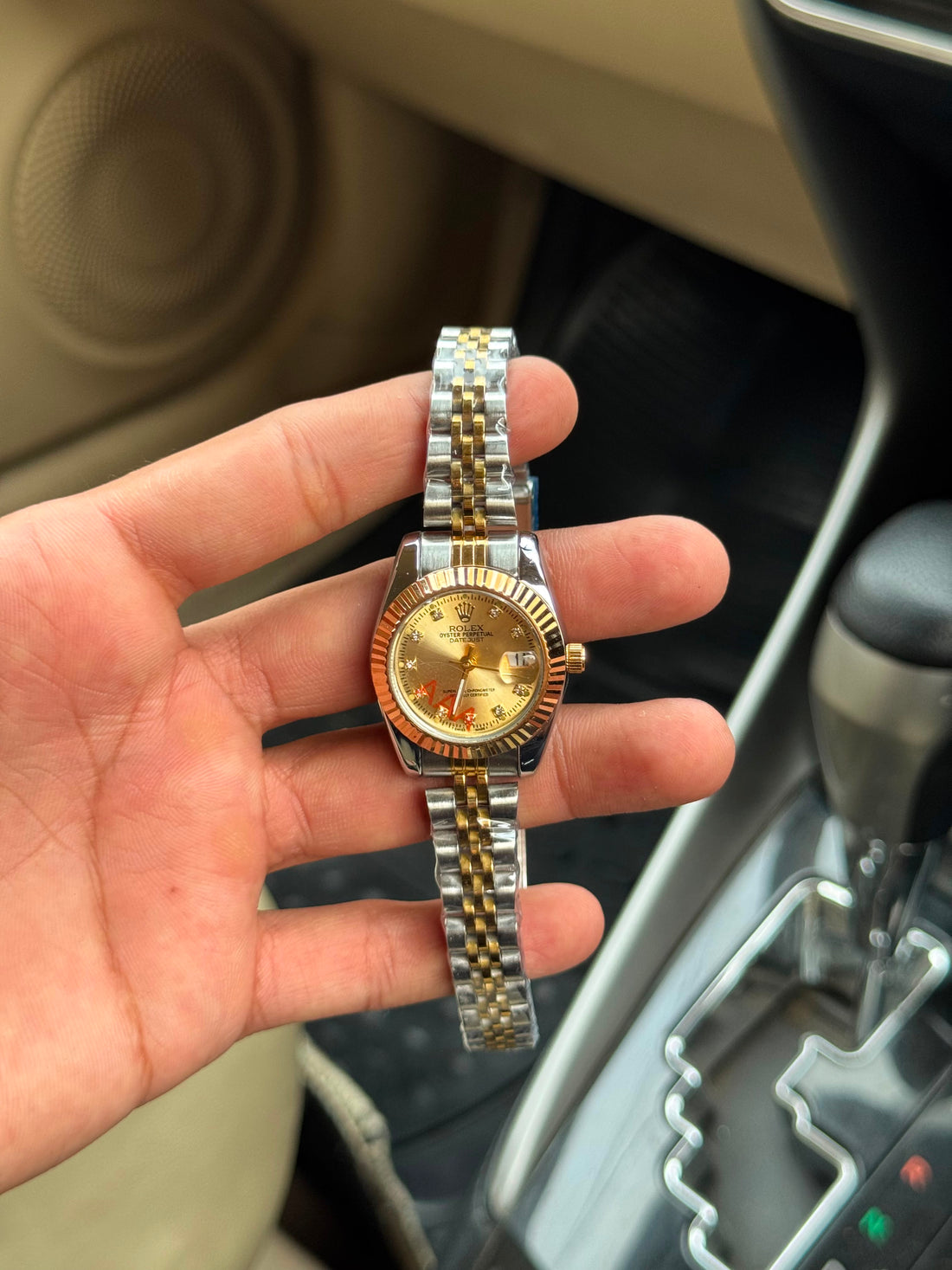 Rolex Date Oyster Golden Dial Women Watch - Two Tone