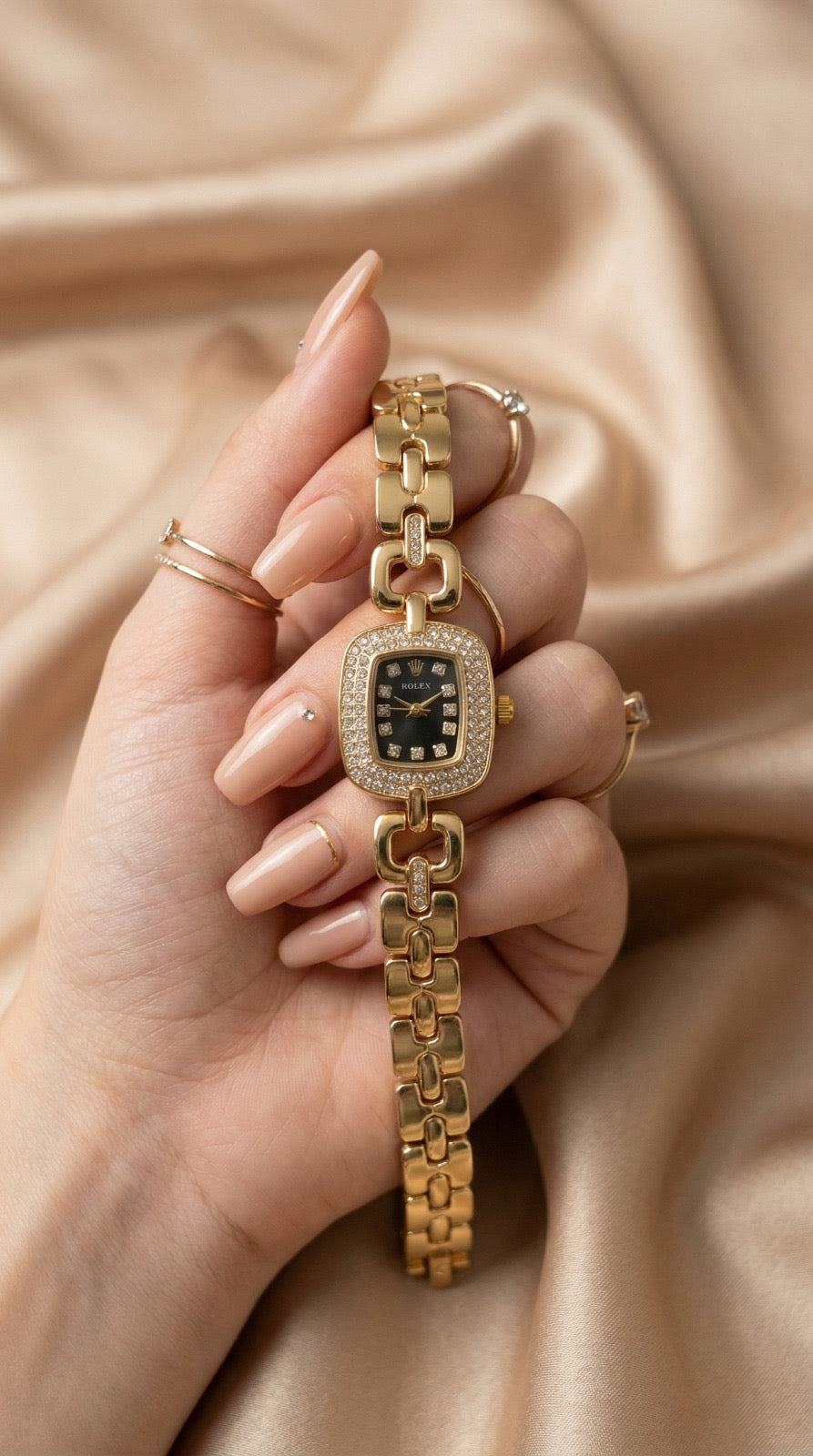 Rol-ex Opulence Golden Women Watch - Black Dial