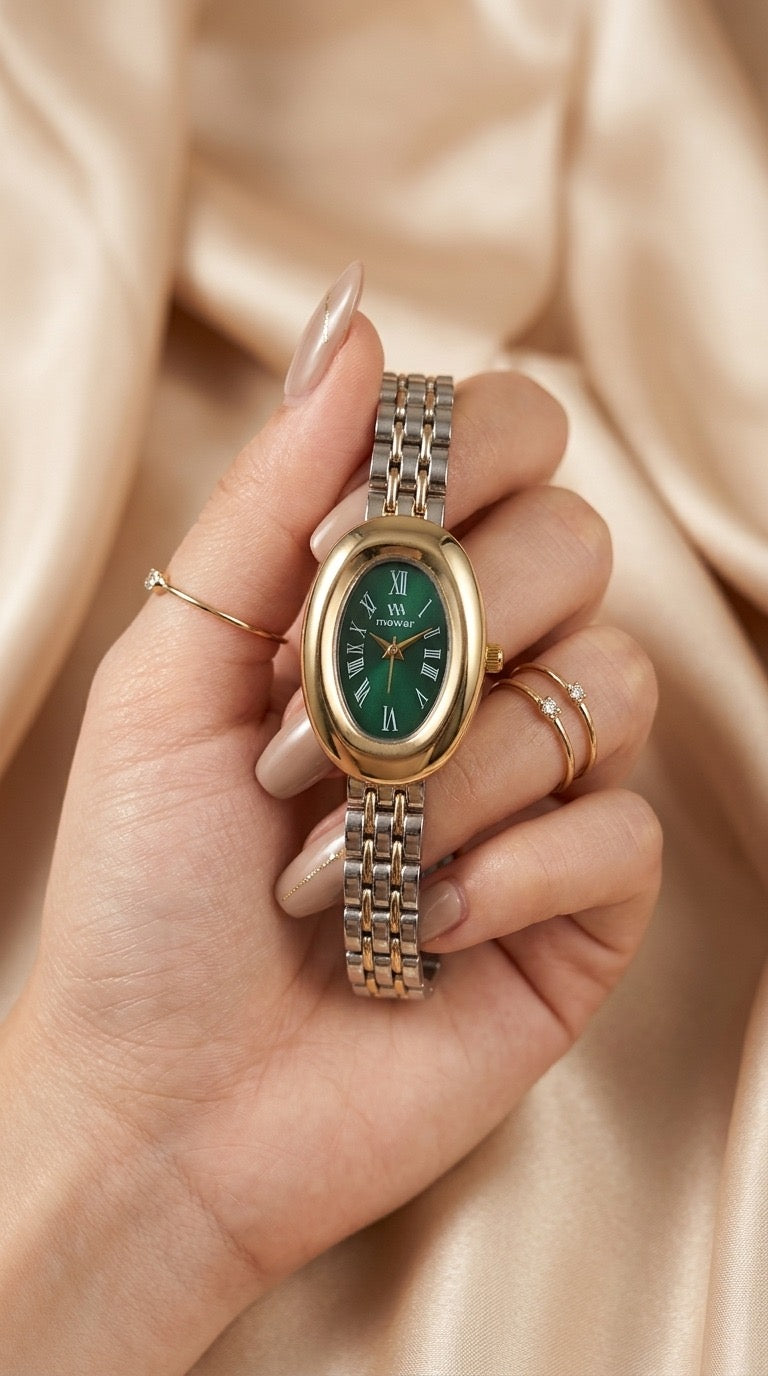 MW Oval Elegance Two Tone Women Watch - Green Dial