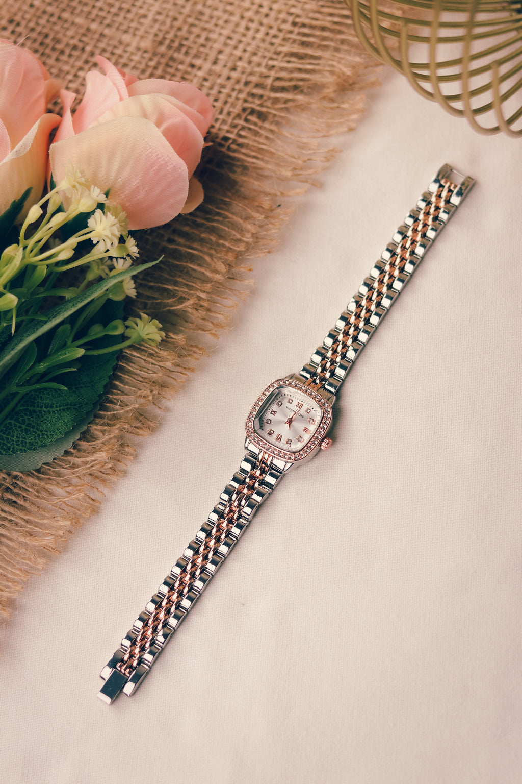 MK Square Rose Gold White Dial Women Watch