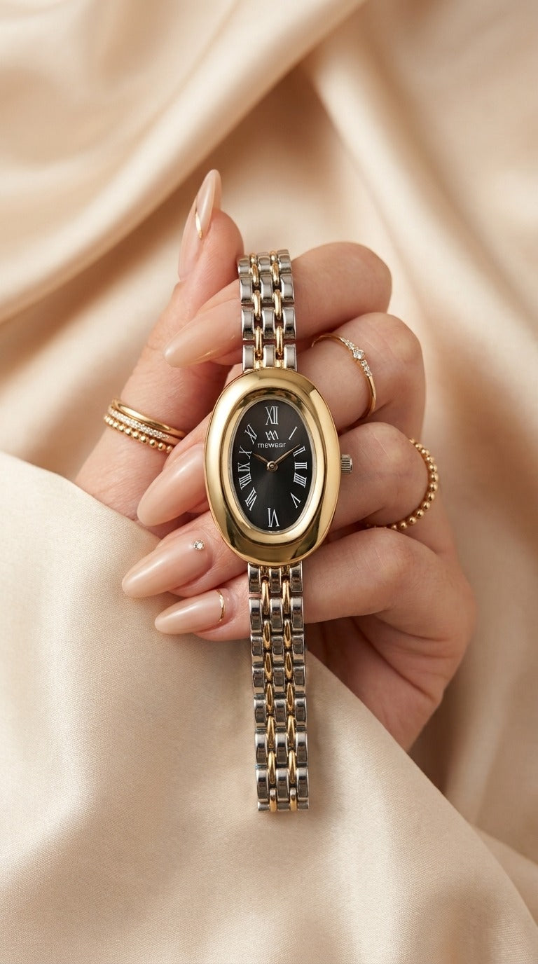 MW Oval Elegance Two Tone Women Watch - Black Dial