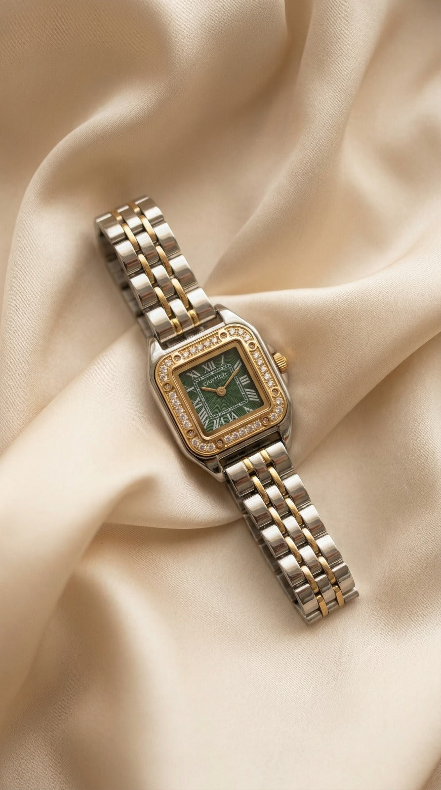 Cartier Diamond Two Tone Women Watch - Green Dial
