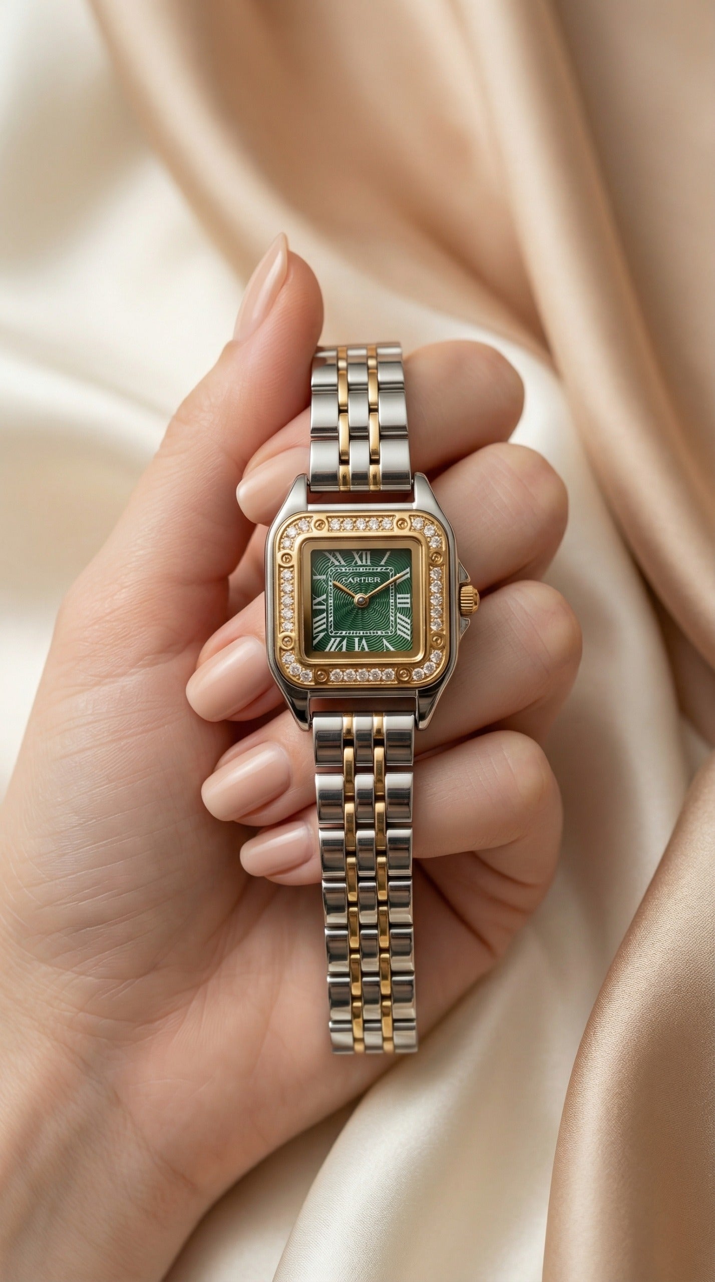 Cartier Diamond Two Tone Women Watch - Green Dial