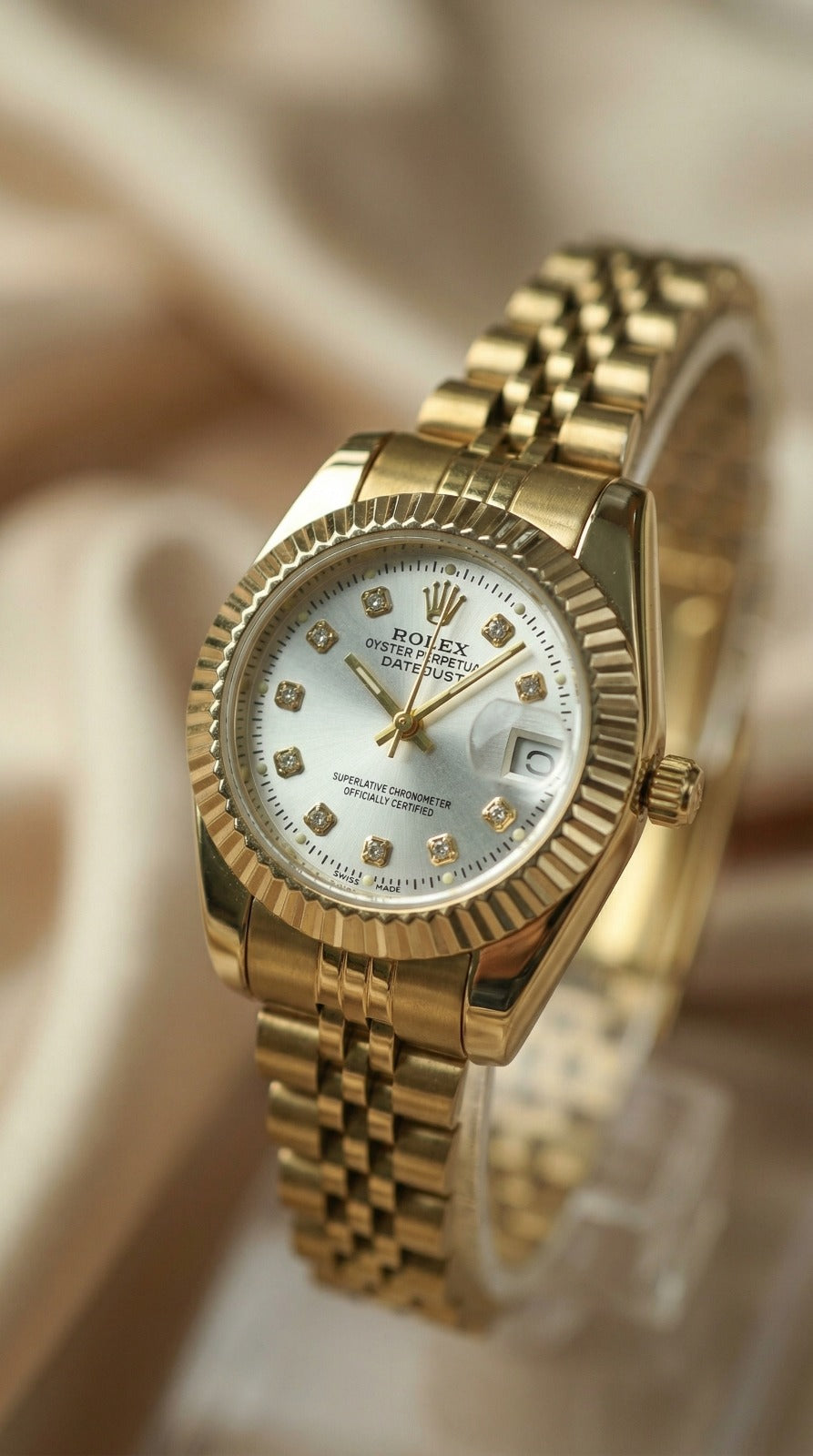 Rolex Date Oyster Golden Women Watch - White Dial