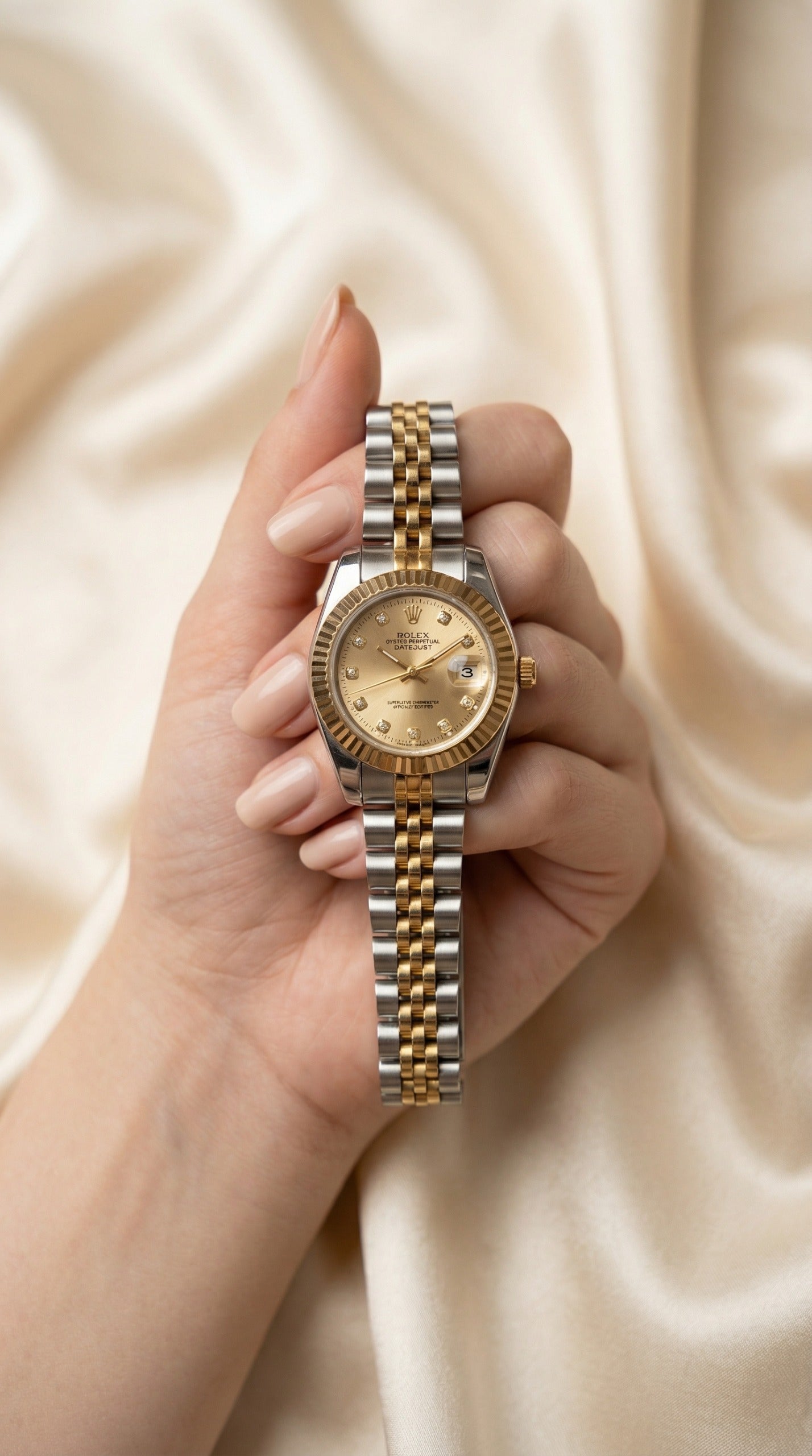 Rolex Date Oyster Golden Dial Women Watch - Two Tone